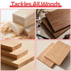 Collage of wooden blocks and planks with text 'Tackles All Woods' at the top.｜card