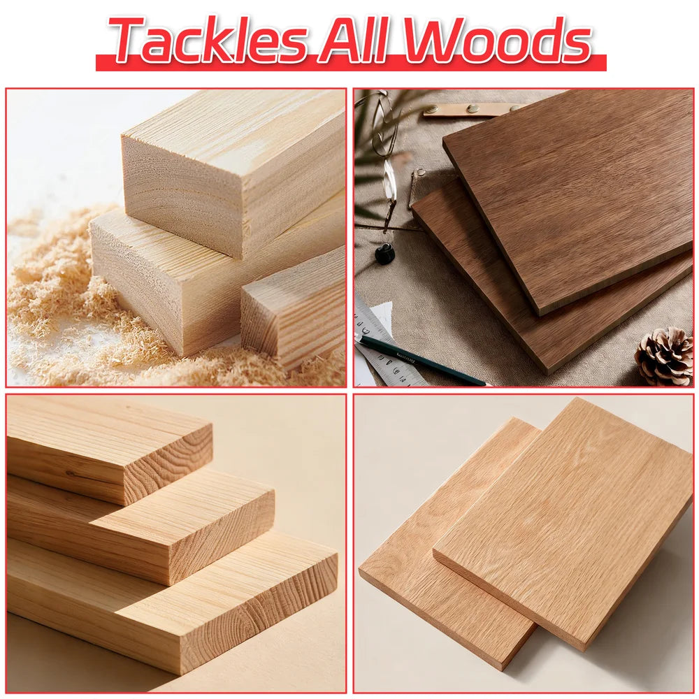Collage of wooden blocks and planks with text 'Tackles All Woods' at the top.｜card
