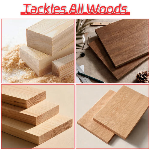 Collage of wooden blocks and planks with text 'Tackles All Woods' at the top.｜card