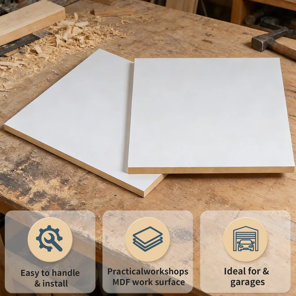 Two white MDF boards on a wooden workbench with text icons and descriptions.｜card