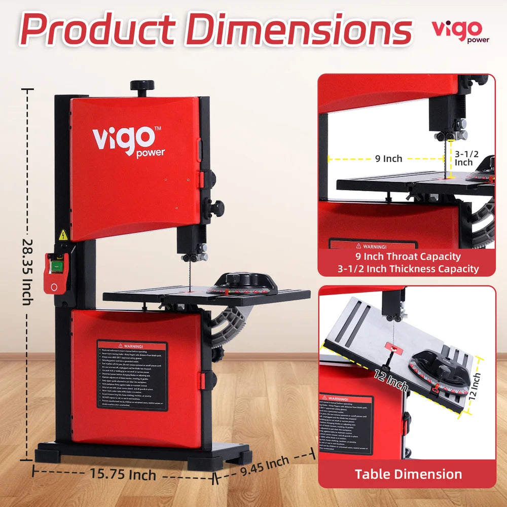 Red band saw with dimensions labeled on a beige background｜card