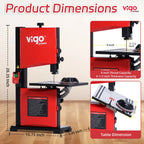 Red band saw with dimensions labeled on a beige background｜card
