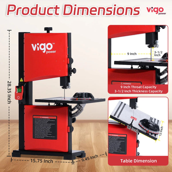 Red band saw with dimensions labeled on a beige background｜card