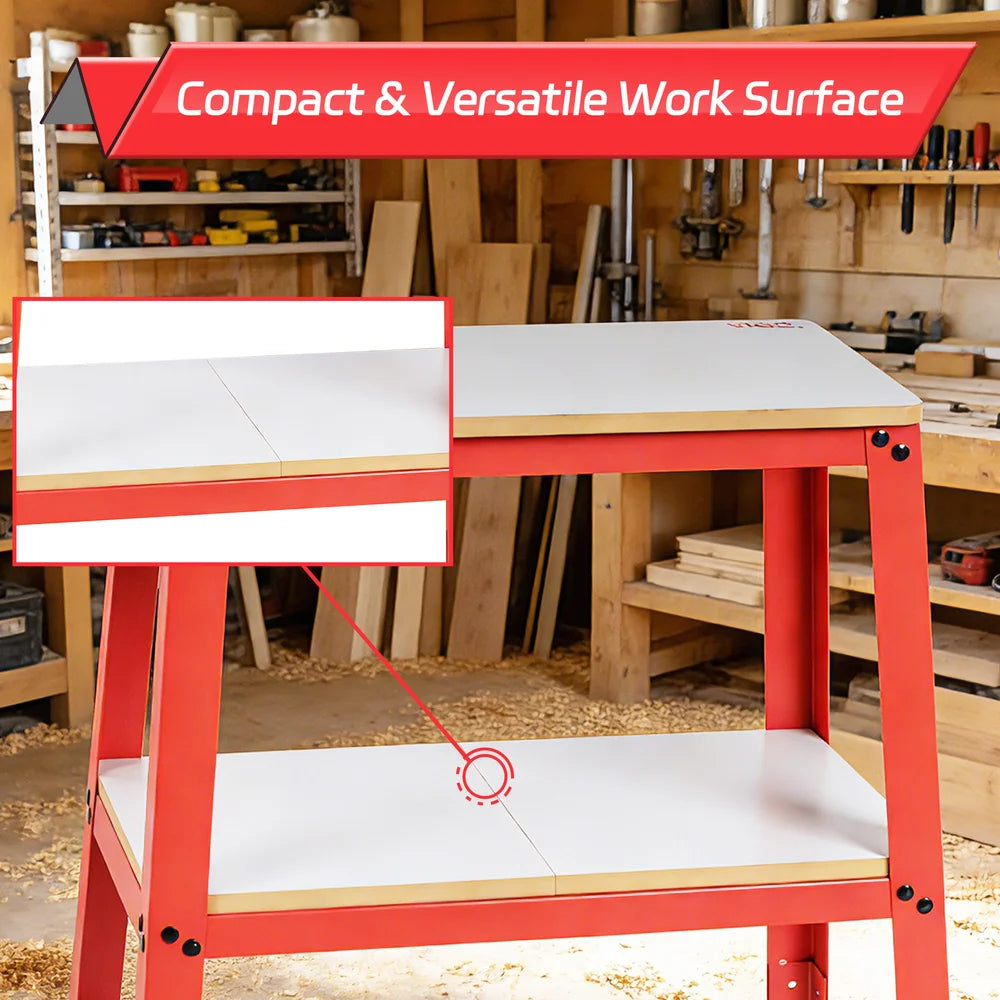 Red and white workbench in a workshop with text 'Compact & Versatile Work Surface'.｜card