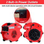 Red air mover with 2 built-in power outlets and 15A circuit breaker, featuring the Vigo brand.｜card