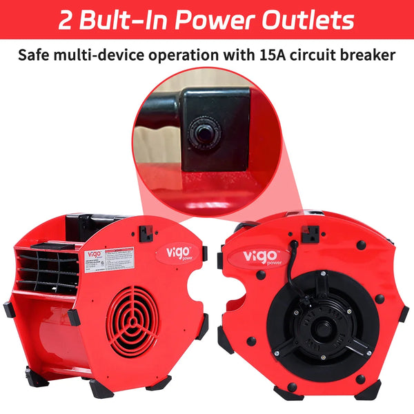 Red air mover with 2 built-in power outlets and 15A circuit breaker, featuring the Vigo brand.｜card
