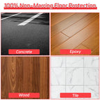 Four types of flooring with labels: concrete, epoxy, wood, and tile, highlighting 100% non-marring floor protection.｜card