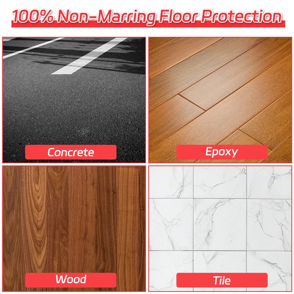 Four types of flooring with labels: concrete, epoxy, wood, and tile, highlighting 100% non-marring floor protection.｜card