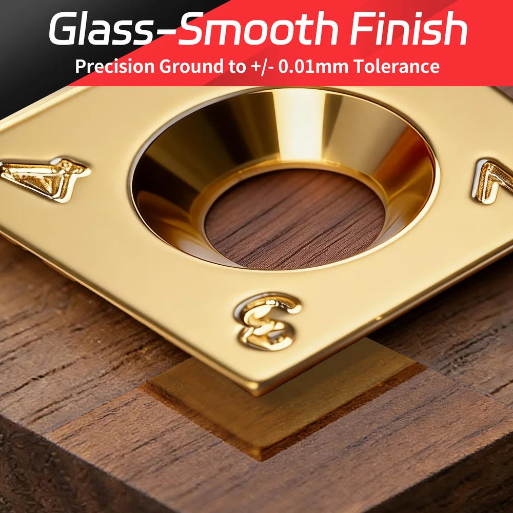 Gold metal component with 'Glass-Smooth Finish' text on a wooden background｜card