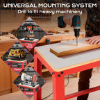 Person using a drill on a workbench with text about a universal mounting system.｜card