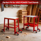 Red VIGO tool stands on a workshop floor with wood and tools in the background.｜card