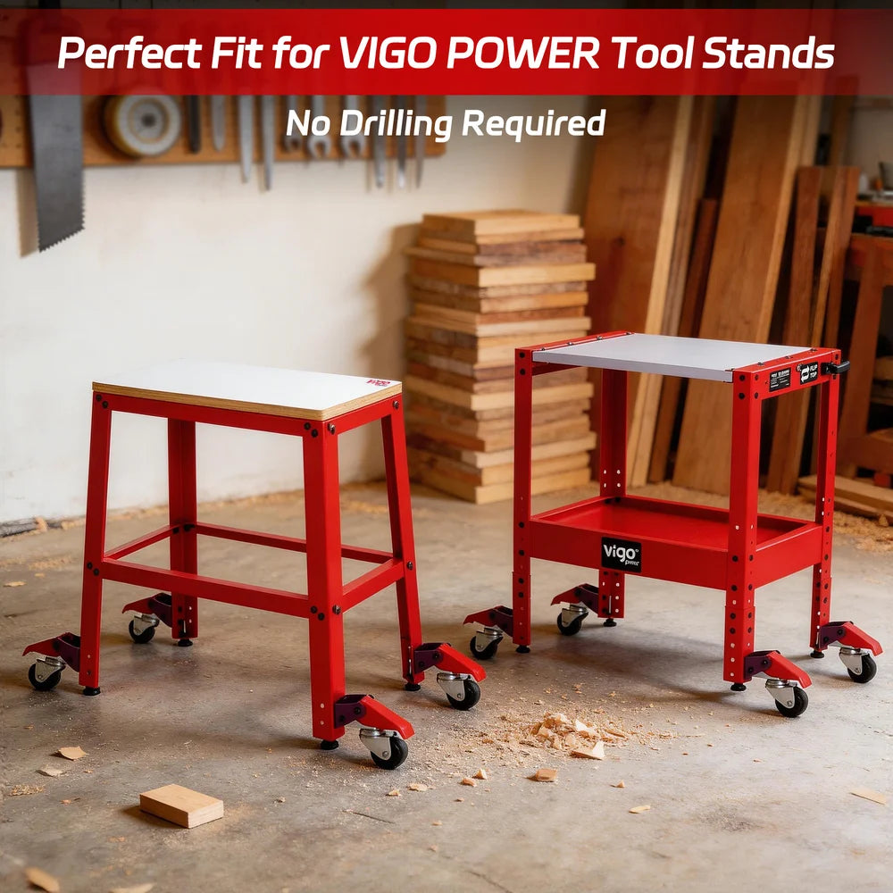 Red VIGO tool stands on a workshop floor with wood and tools in the background.｜card