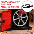 Vigo Power 9 inch band saw with red cover and visible wheel, showing a belt inset.｜card