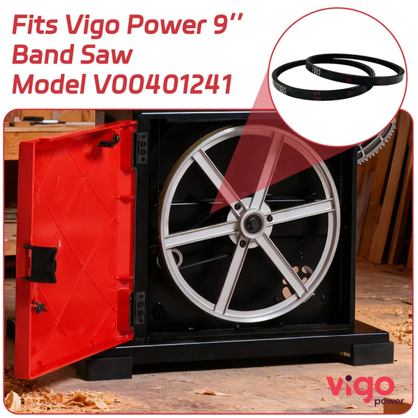 Vigo Power 9 inch band saw with red cover and visible wheel, showing a belt inset.｜card