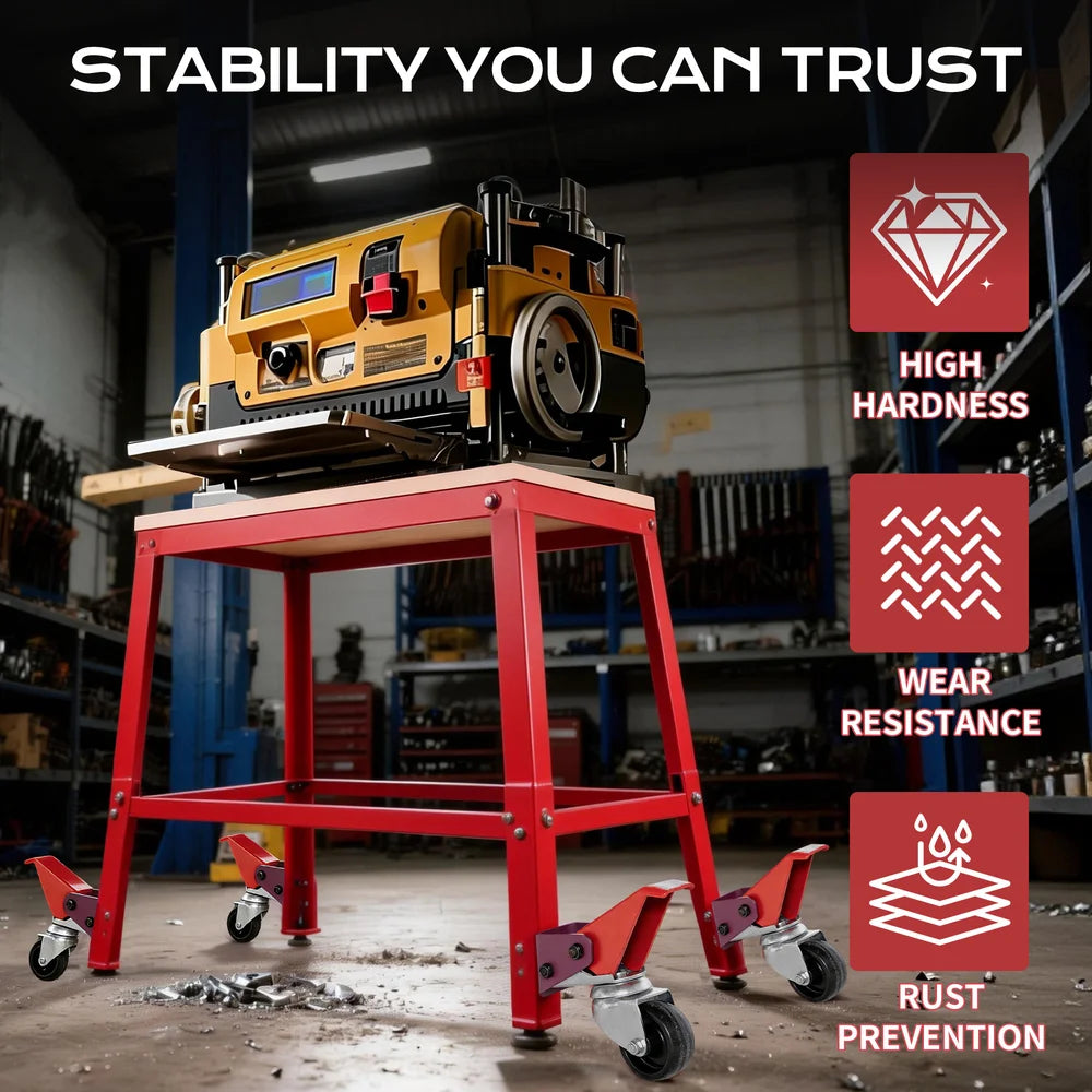 Red workbench with a yellow machine in a workshop setting, featuring durability attributes.｜card