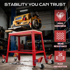 Red workbench with a yellow machine in a workshop setting, featuring durability attributes.｜card