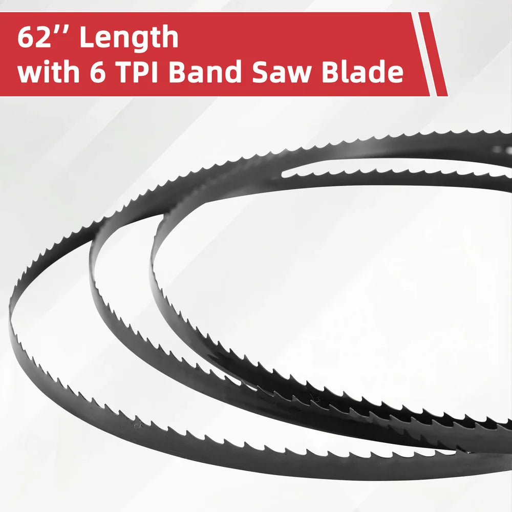 Bandsaw blade with text indicating length and teeth per inch on a white background｜card