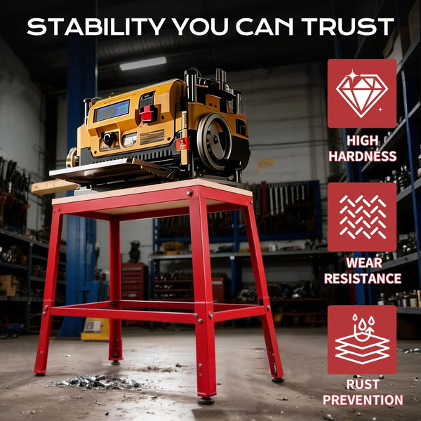 Red workbench with a machine on top, featuring text about stability and durability in a workshop setting.｜card