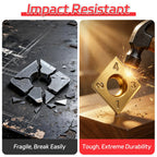 Comparison of fragile material breaking and durable material being hit with a hammer, labeled 'Impact Resistant'.｜card