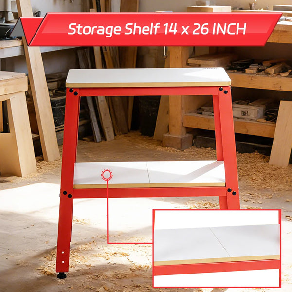 Red storage shelf with white surface in a workshop setting｜card