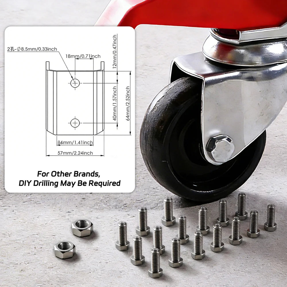 Caster wheel with hardware and dimensions on a gray surface｜card