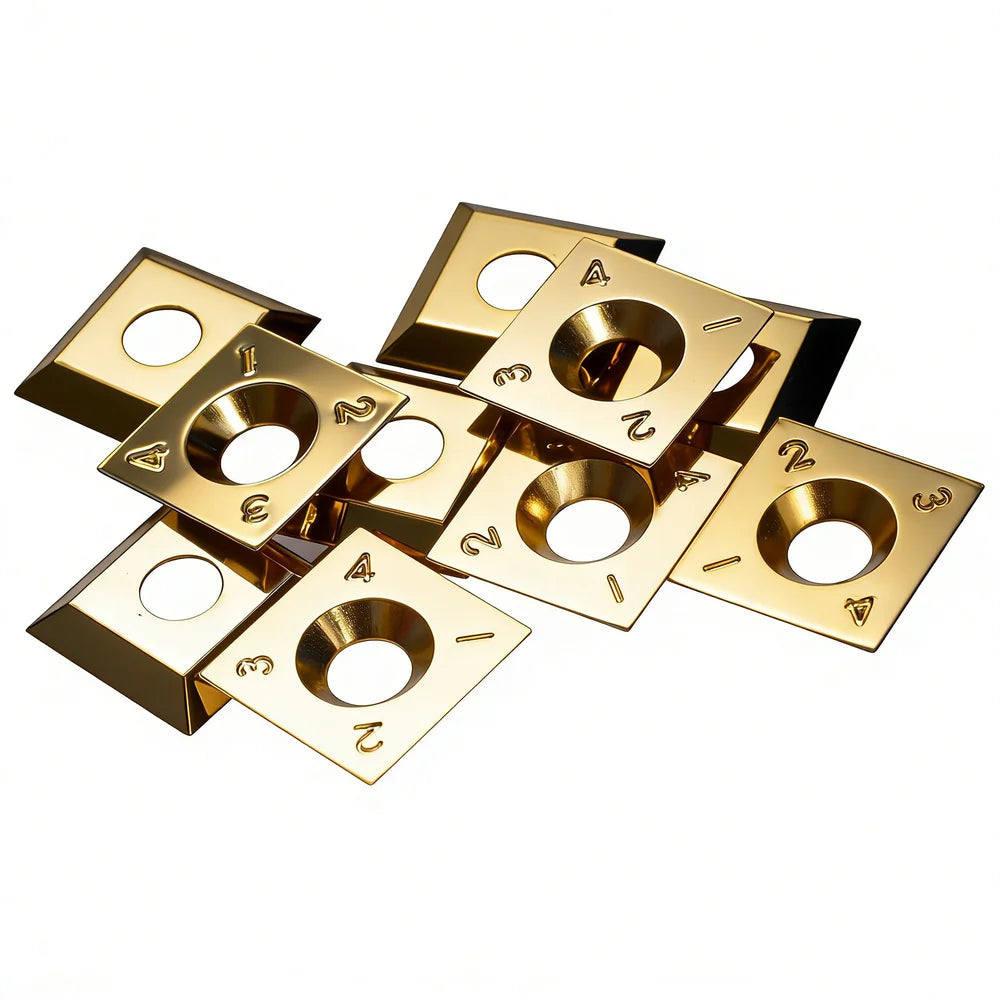 Gold metal components with circular holes on a white background｜card