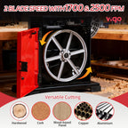 Woodworking machine with red casing and visible blade, surrounded by a workshop setting.｜card