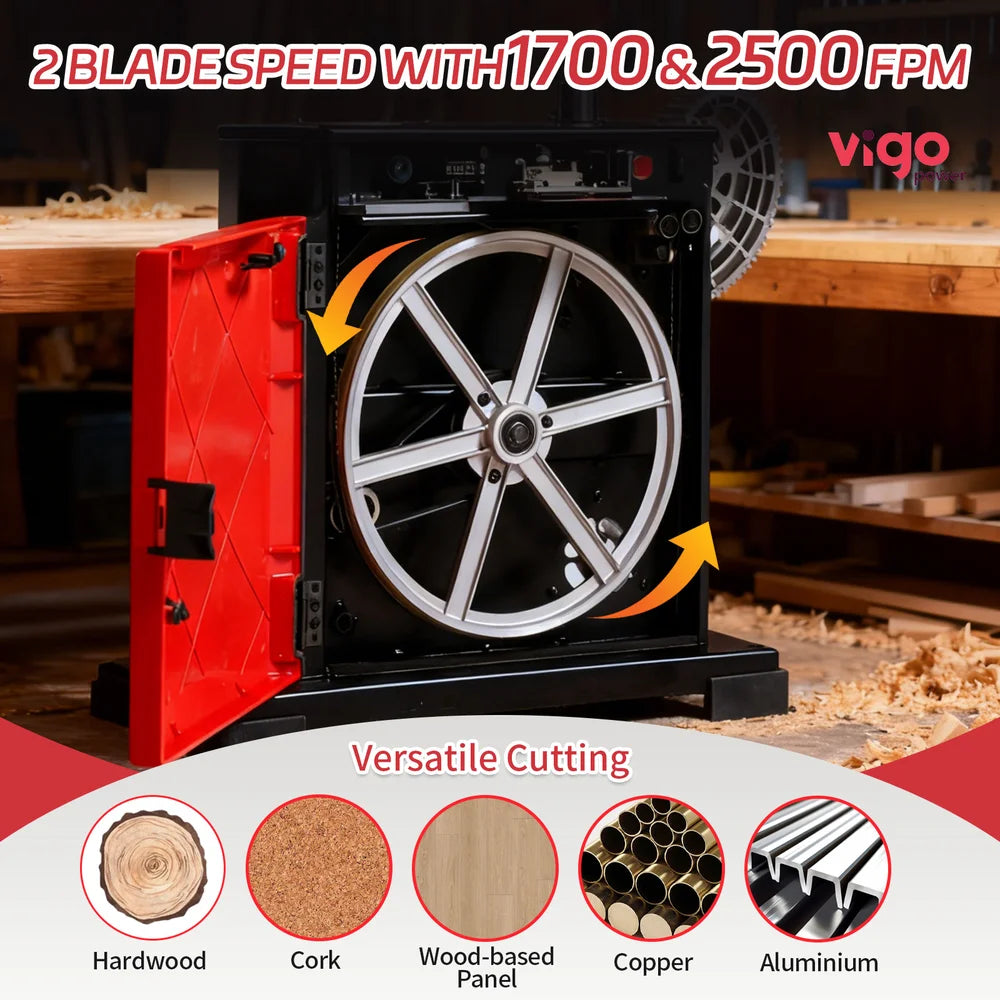 Woodworking machine with red casing and visible blade, surrounded by a workshop setting.｜card