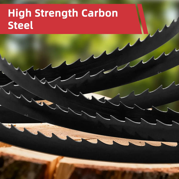 Bandsaw blades with 'High Strength Carbon Steel' text on a blurred green background｜card
