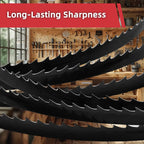 Bandsaw blades with 'Long-Lasting Sharpness' text against a workshop background｜card