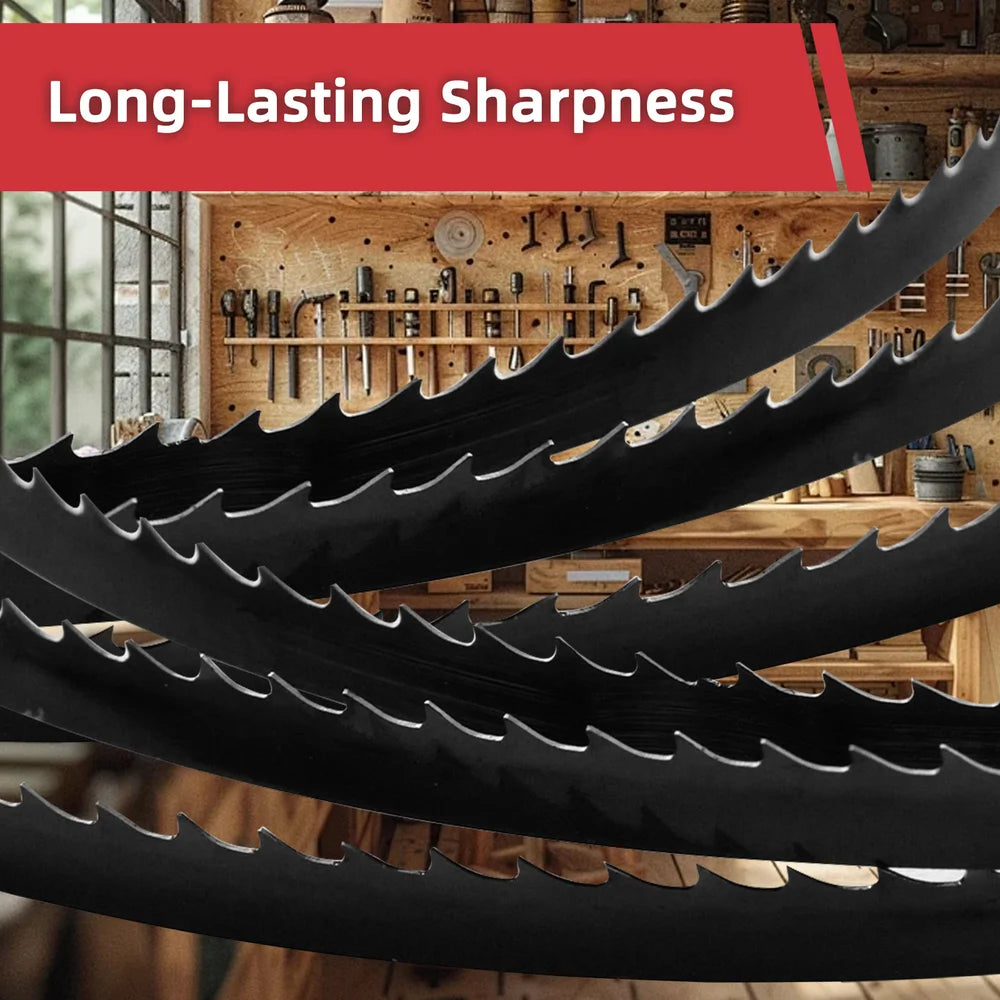 Bandsaw blades with 'Long-Lasting Sharpness' text against a workshop background｜card