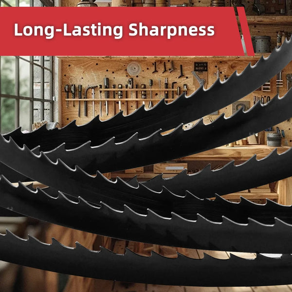 Bandsaw blades with 'Long-Lasting Sharpness' text against a workshop background｜card