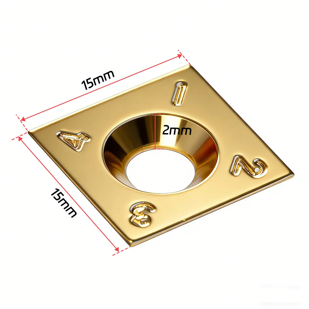 Gold metal component with dimensions and cutouts on a white background｜card