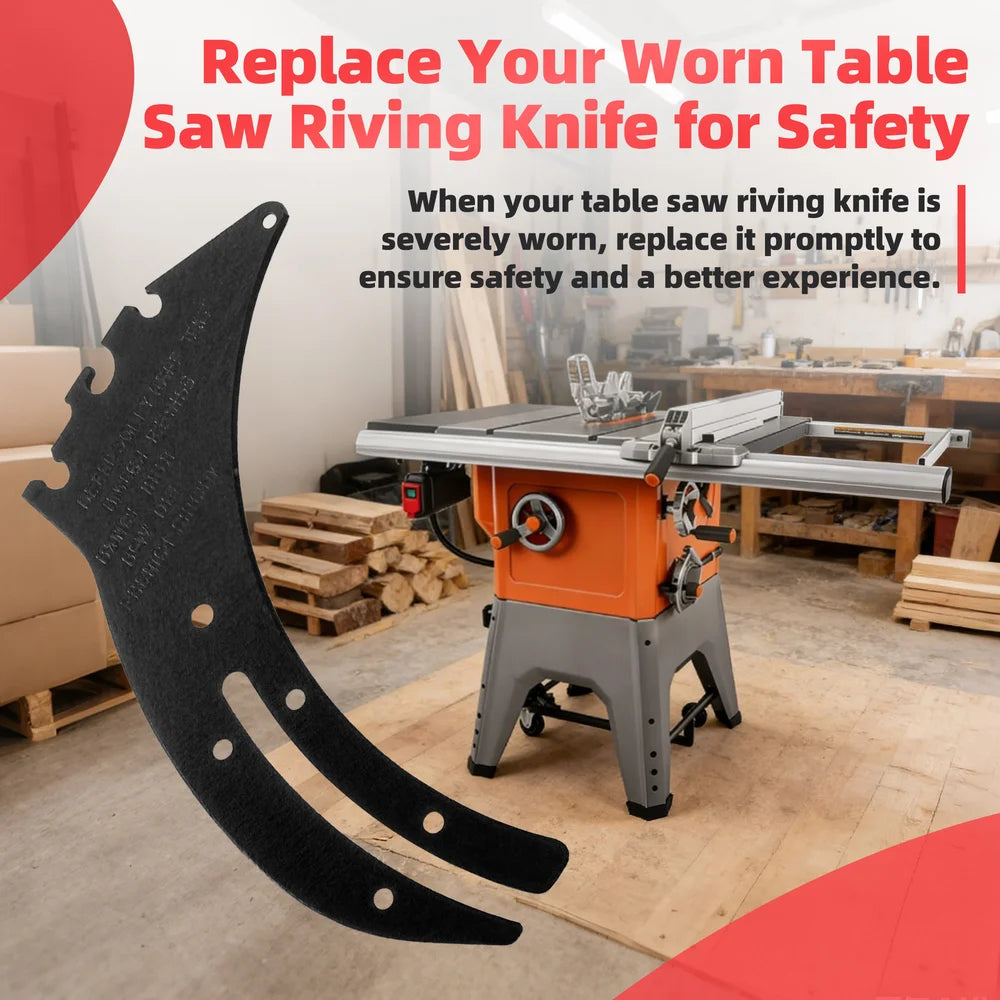 Table saw with a riving knife in front, set against a workshop background.｜card