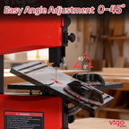 Bandsaw with adjustable angle feature on a blurred workshop background, featuring the Vigo Power brand.｜card