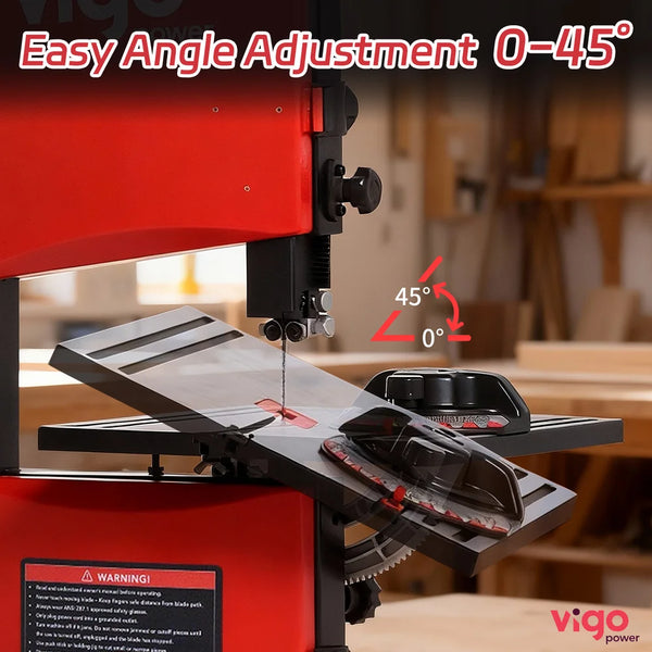 Bandsaw with adjustable angle feature on a blurred workshop background, featuring the Vigo Power brand.｜card