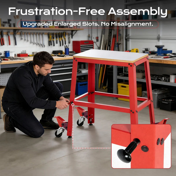 Person assembling a red workbench in a workshop with text about frustration-free assembly.｜card