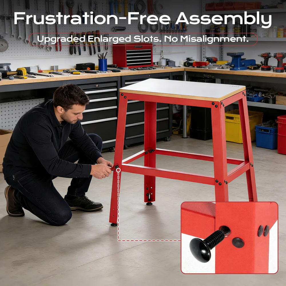 Person assembling a red workbench in a workshop with text 'Frustration-Free Assembly' and enlarged slot feature.｜card
