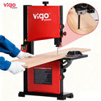 Red Vigo Power band saw cutting a piece of wood with a close-up inset showing the blade.｜card