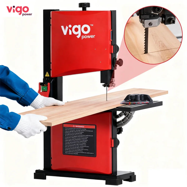 Red Vigo Power band saw cutting a piece of wood with a close-up inset showing the blade.｜card
