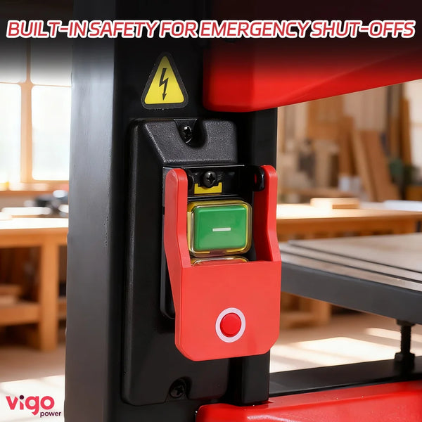 Emergency shut-off switch on a machine with 'Vigo Power' branding, set in an industrial or workshop environment.｜card